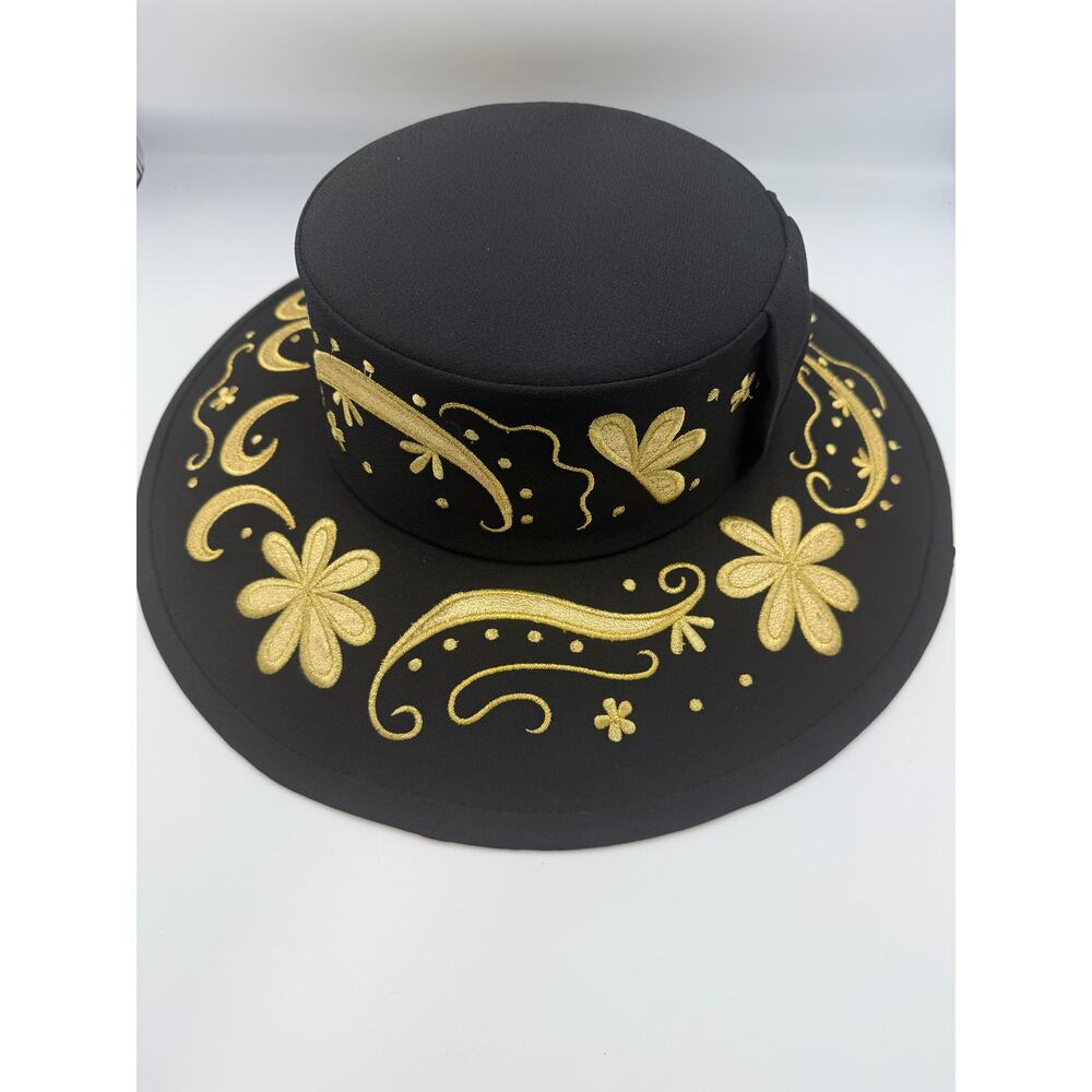 Studio B Back and Gold Embroidered Hat - Wide Brim Floral Design - Handcrafted